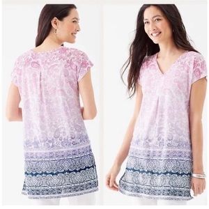 •J.JILL•100% LINEN PINK, PURPLE, & BLUE PAISLEY FLORAL OMBRÉ V NECK TOP LARGE